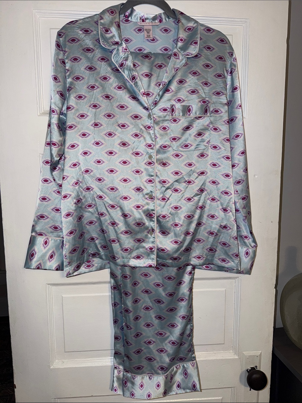 Victoria's Secret Light Blue Satin Pajama Set with Pink Lip Motif